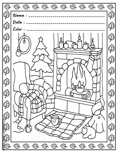 Bold and Easy Cozy Nooks Coloring Book for Adults and Kid.  
High resolution (300 DPI), 
Ready to print on standard 8.5x11-(A4) inch paper With (No Bleed), 
Black and White. 
Vector illustration 