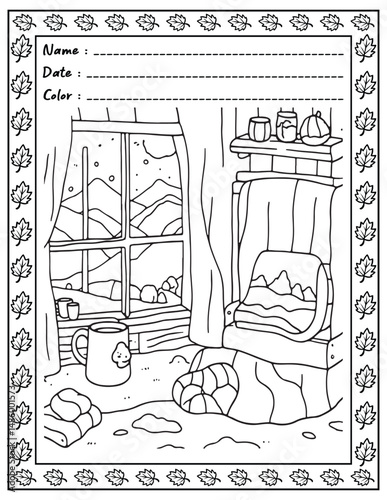 Bold and Easy Cozy Nooks Coloring Book for Adults and Kid.  
High resolution (300 DPI), 
Ready to print on standard 8.5x11-(A4) inch paper With (No Bleed), 
Black and White. 
Vector illustration 
