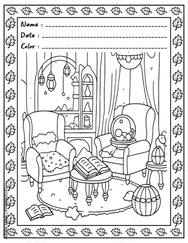Bold and Easy Cozy Nooks Coloring Book for Adults and Kid.  
High resolution (300 DPI), 
Ready to print on standard 8.5x11-(A4) inch paper With (No Bleed), 
Black and White. 
Vector illustration 