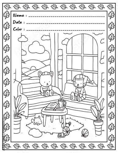 Bold and Easy Cozy Nooks Coloring Book for Adults and Kid.  
High resolution (300 DPI), 
Ready to print on standard 8.5x11-(A4) inch paper With (No Bleed), 
Black and White. 
Vector illustration 