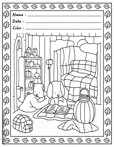Bold and Easy Cozy Nooks Coloring Book for Adults and Kid.  
High resolution (300 DPI), 
Ready to print on standard 8.5x11-(A4) inch paper With (No Bleed), 
Black and White. 
Vector illustration 