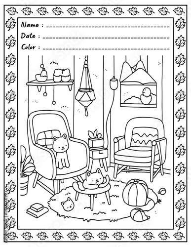 Bold and Easy Cozy Nooks Coloring Book for Adults and Kid.  
High resolution (300 DPI), 
Ready to print on standard 8.5x11-(A4) inch paper With (No Bleed), 
Black and White. 
Vector illustration 