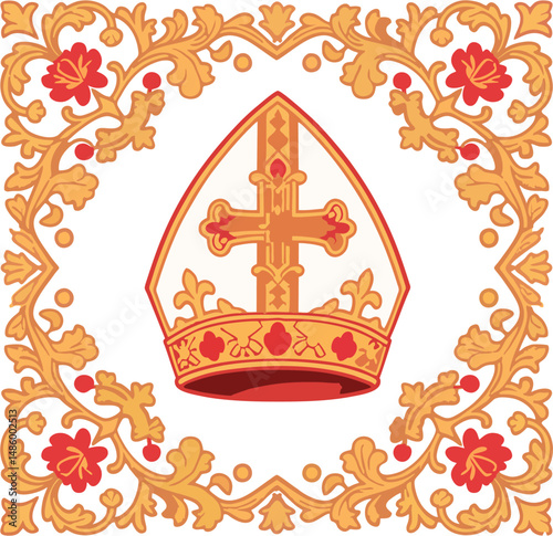 Vector Papal Mitre with Ornamental Cross and Floral Frame – Decorative Catholic Bishop Hat Illustration