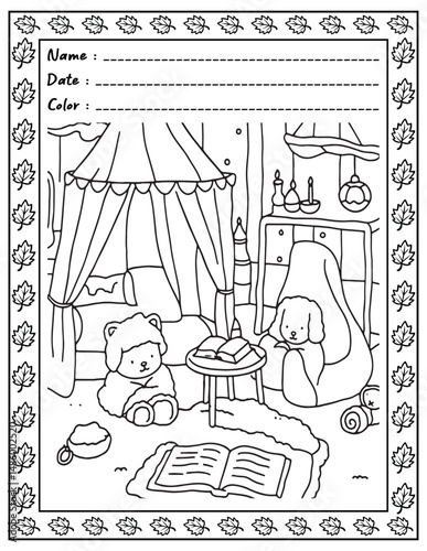 Bold and Easy Cozy Nooks Coloring Book for Adults and Kid.  
High resolution (300 DPI), 
Ready to print on standard 8.5x11-(A4) inch paper With (No Bleed), 
Black and White. 
Vector illustration 