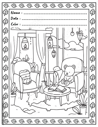 Bold and Easy Cozy Nooks Coloring Book for Adults and Kid.  
High resolution (300 DPI), 
Ready to print on standard 8.5x11-(A4) inch paper With (No Bleed), 
Black and White. 
Vector illustration 