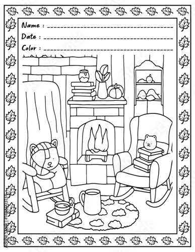 Bold and Easy Cozy Nooks Coloring Book for Adults and Kid.  
High resolution (300 DPI), 
Ready to print on standard 8.5x11-(A4) inch paper With (No Bleed), 
Black and White. 
Vector illustration 