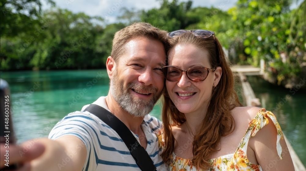Fototapeta premium Joyful couple taking a selfie by a serene lagoon, surrounded by lush greenery.