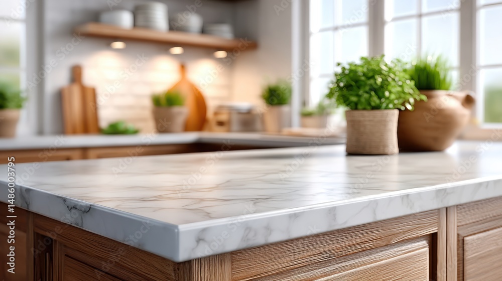 Fototapeta premium Elegant Marble Kitchen Countertop with Wooden Cabinets