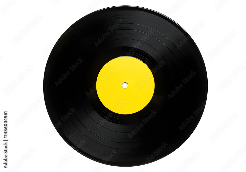 Fototapeta premium Vinyl Record with Yellow Label on Black Background Isolated Transparent