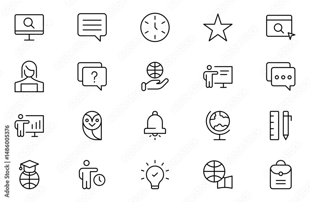 Fototapeta premium Education line icons set. Big UI icon set in a flat design. Thin outline icons pack. Thin line icons set of academic subjects and education. Outline symbol collection. Vector illustration.