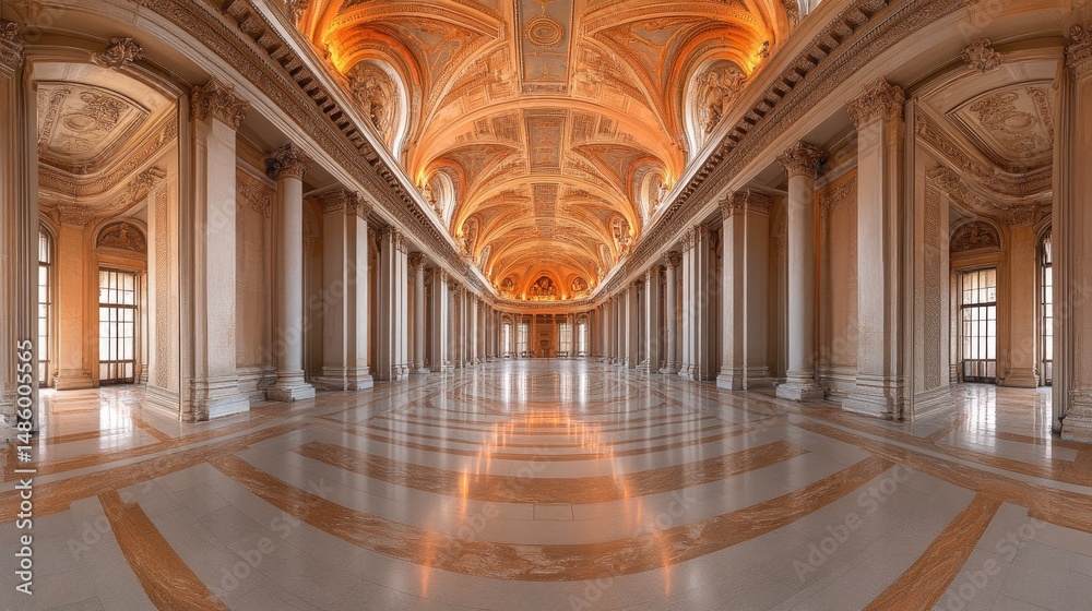 Obraz premium Grand hall with columns, high ceiling, and marble floor.