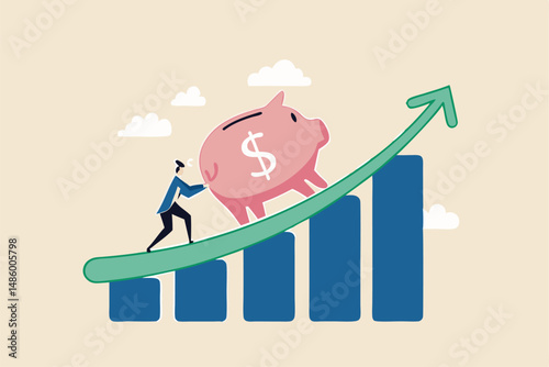 Saving or investment profit, compound interest graph or wealth incremental, investment earning from stock market or mutual fund concept, rich businessman push big piggy bank up rising graph and chart.