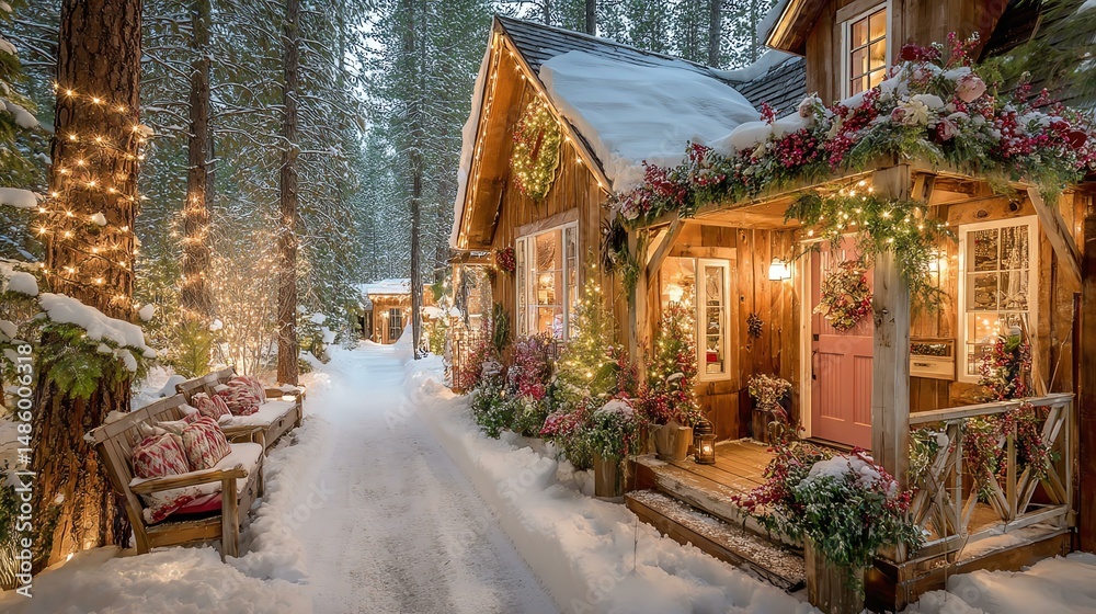 Fototapeta premium Cozy cabin surrounded by snow-covered trees.