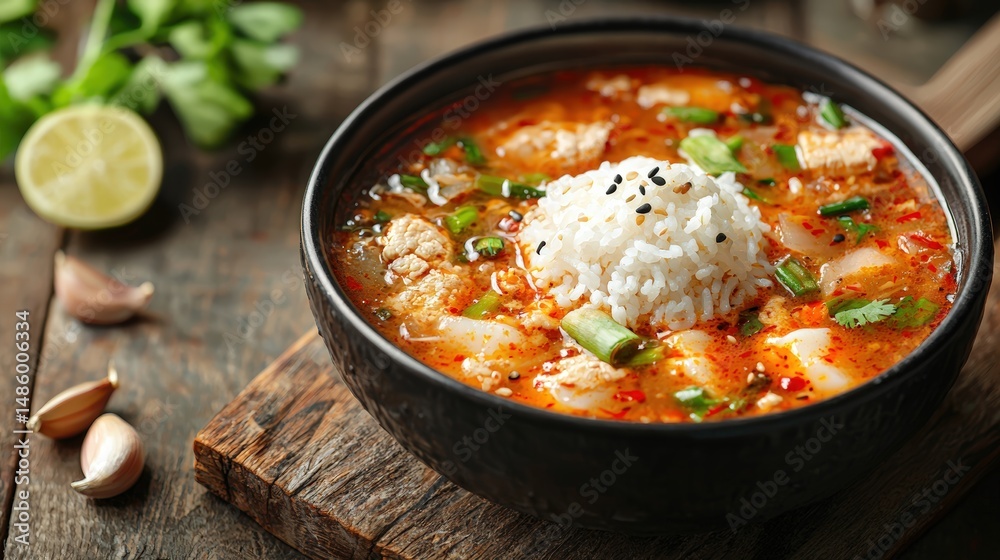 Traditional spicy Asian vegetable and tofu stew served in a black bowl with rice and fresh lime on rustic wooden table Traditional spicy Asian vegetable and tofu stew served in a black bowl with rice and fresh lime on rustic wooden table