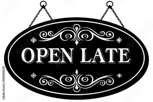 Open late sign with flourish silhouette vector illustration