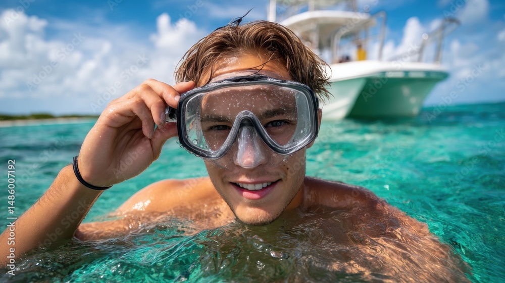 Fototapeta premium A young man smiling while snorkeling in crystal-clear water, enjoying the vibrant marine life