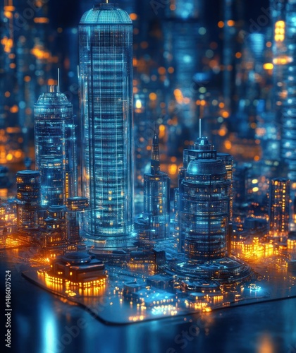 Wallpaper Mural Futuristic glass skyscrapers illuminated by blue and orange lights in a dense cityscape at night evoking a high-tech, vibrant urban atmosphere Torontodigital.ca