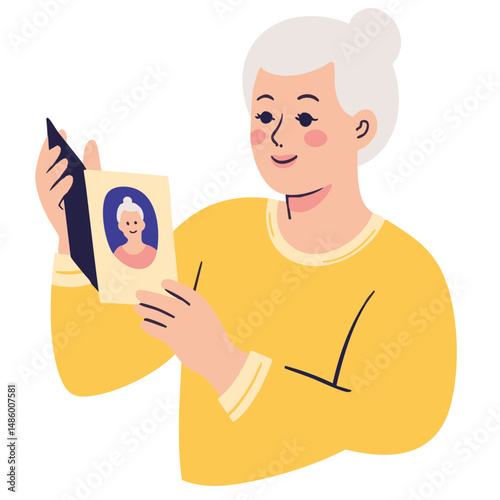 Elderly person holding photo. Nostalgic senior woman looking at family photos. Elderly lady remembering loved ones with portrait. Memory and emotions – senior woman with photo in hand.
