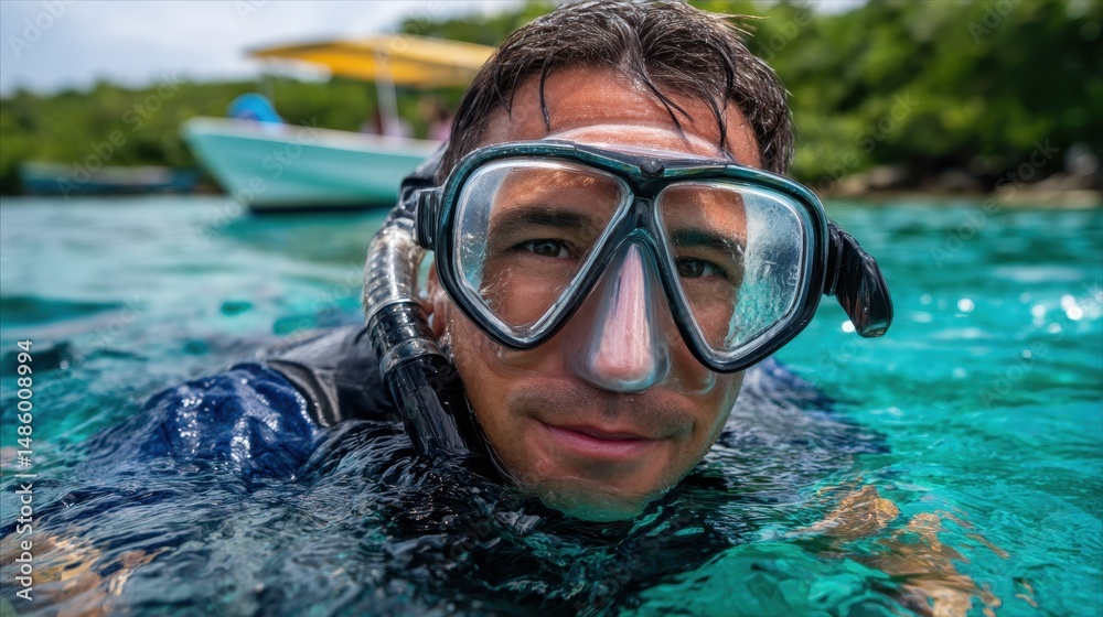 Naklejka premium A snorkeler enjoying the vibrant underwater world while floating on the serene waters
