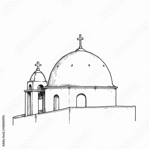 Santorini Blue Dome Minimal Line Drawing