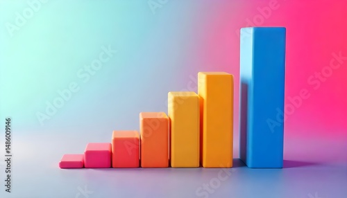 Free Download Colorful 3D bar graph ascending against a vibrant gradient background.  The blocks represent growth and progress visually.  Illustrating business growth, success, and upward trends. - GFXLoad