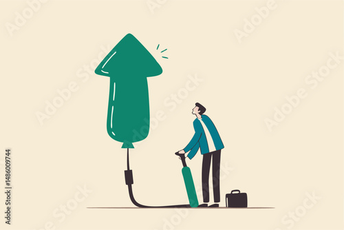 Growing business, raising income or wages, growth or improvement, increase price, interest rate or inflation, rising up direction concept, businessman inflate air pump into floating green arrow up.