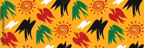 African geometric seamless pattern with hand drawn birds of freedom and sun. Abstract ethnic horizontal background. Juneteenth celebration background. Vector doodle illustration.