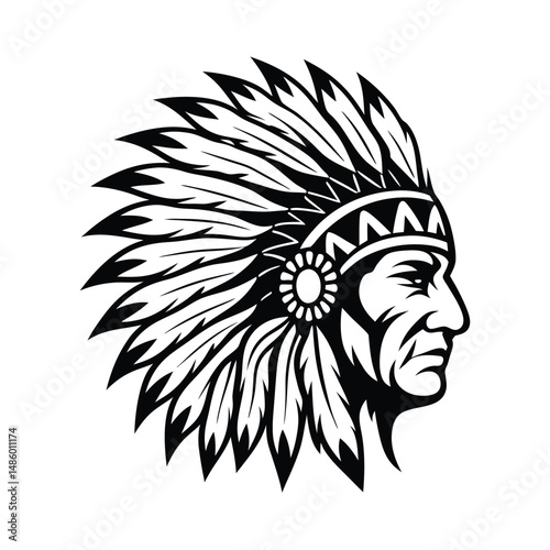 Native American Chief Head Silhouette with Feather Headdress, Detailed Black and White