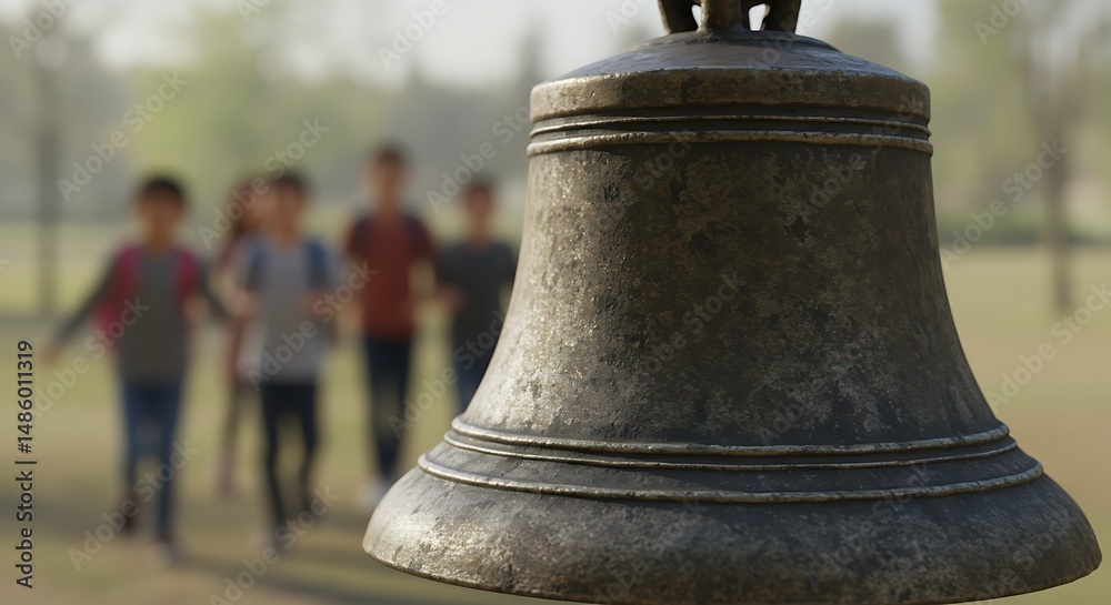 Obraz premium An aged bronze bell stands in the foreground, children run in the background on a sunny day.
