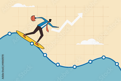 Survive in stock market volatility, professional to smooth ride in market downturn, recession, investment fluctuation or market up and down, confidence businessman surfing on stock market wave chart.