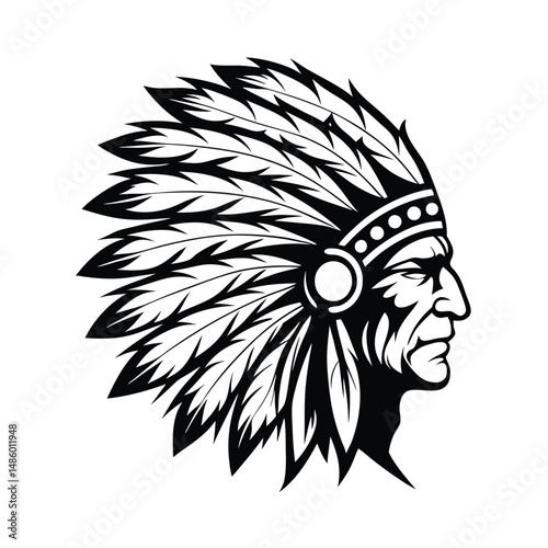 Silhouette of Native American Chief in Headdress, Tribal Chieftain Profile Black & White