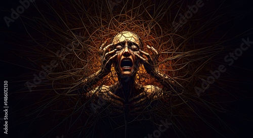 The image showcases a person screaming, their face contorted in anguish, amidst chaotic lines. photo