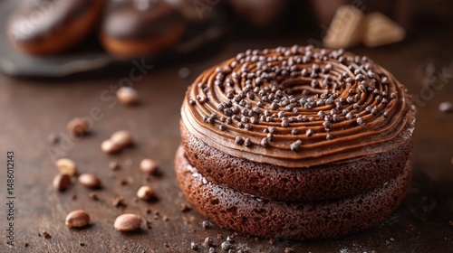 Rich chocolate cake with detailed swirl frosting topped with chocolate pearls and sprinkles on a rustic brown background perfect for desserts and bakery images photo