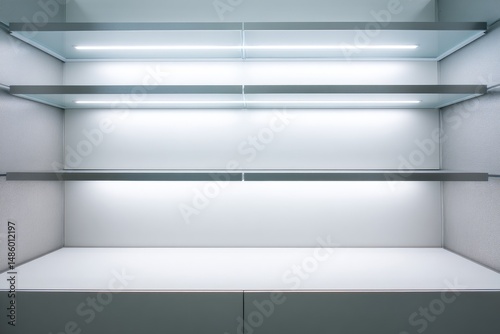 Wallpaper Mural Brightly lit, empty display shelves with sleek metallic accents and a minimalist white backdrop.  Ideal for showcasing products or designs Torontodigital.ca