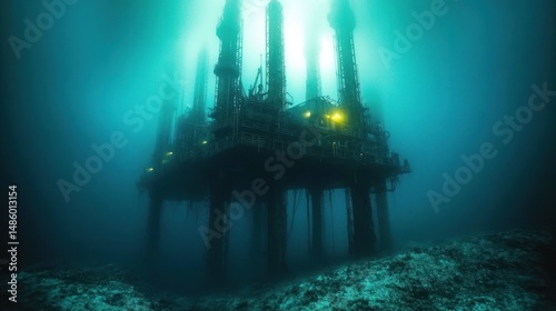 Submerged oil platform with glowing lights deep under eerie blue ocean water surrounded by rocky seabed