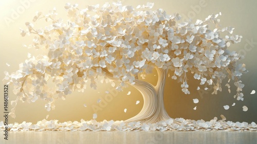 Artistic delicate tree with numerous white petals gently falling around its twisted trunk under soft warm light