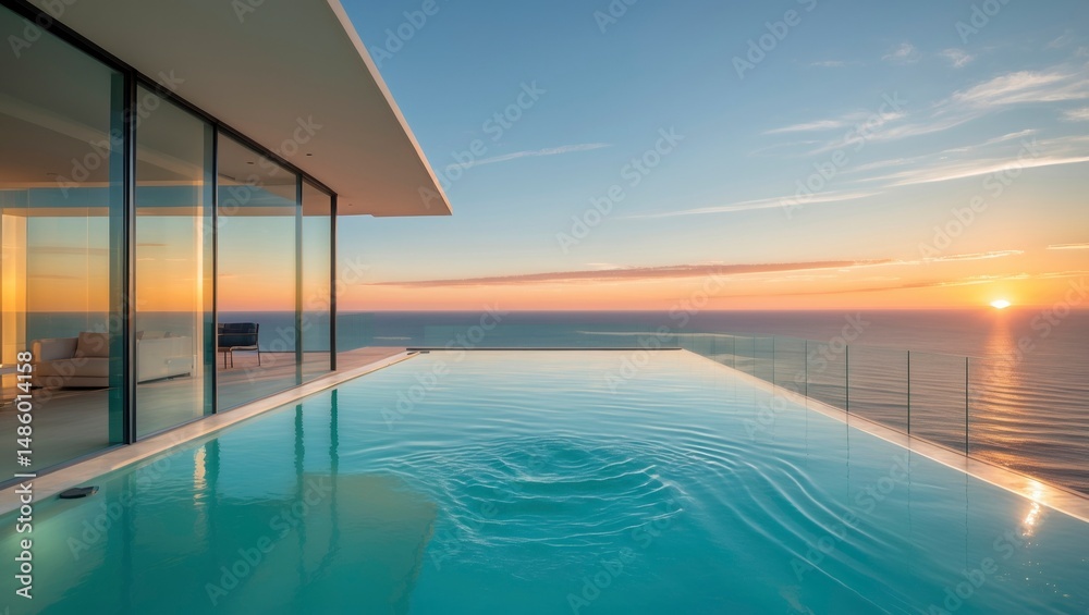 Fototapeta premium Open pool area of a modern architectural home featuring full-height that create a seamless indoor-outdoor experience with high-fidelity design elements for ultimate luxury
