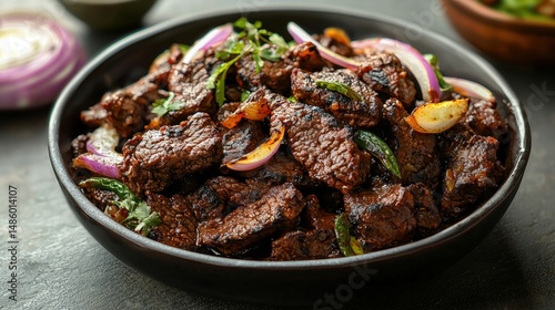 Hearty savory beef stir-fry with colorful vegetables including onions and peppers served in a black bowl on a rustic surface perfect for family meals
