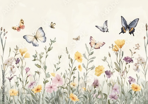 Pastel wildflowers and butterflies in a soft watercolor style