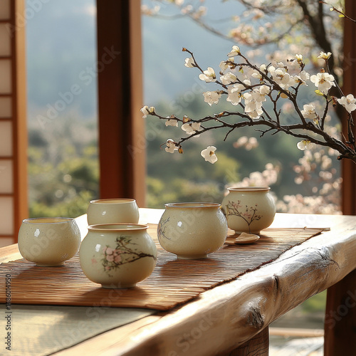 bowls on a table with a branch.