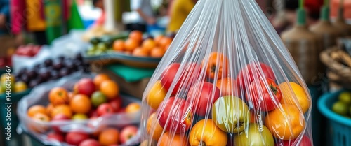 A customer's polybag filled with colorful fruits at a Mirpur, Dhaka market, shopping, local photo