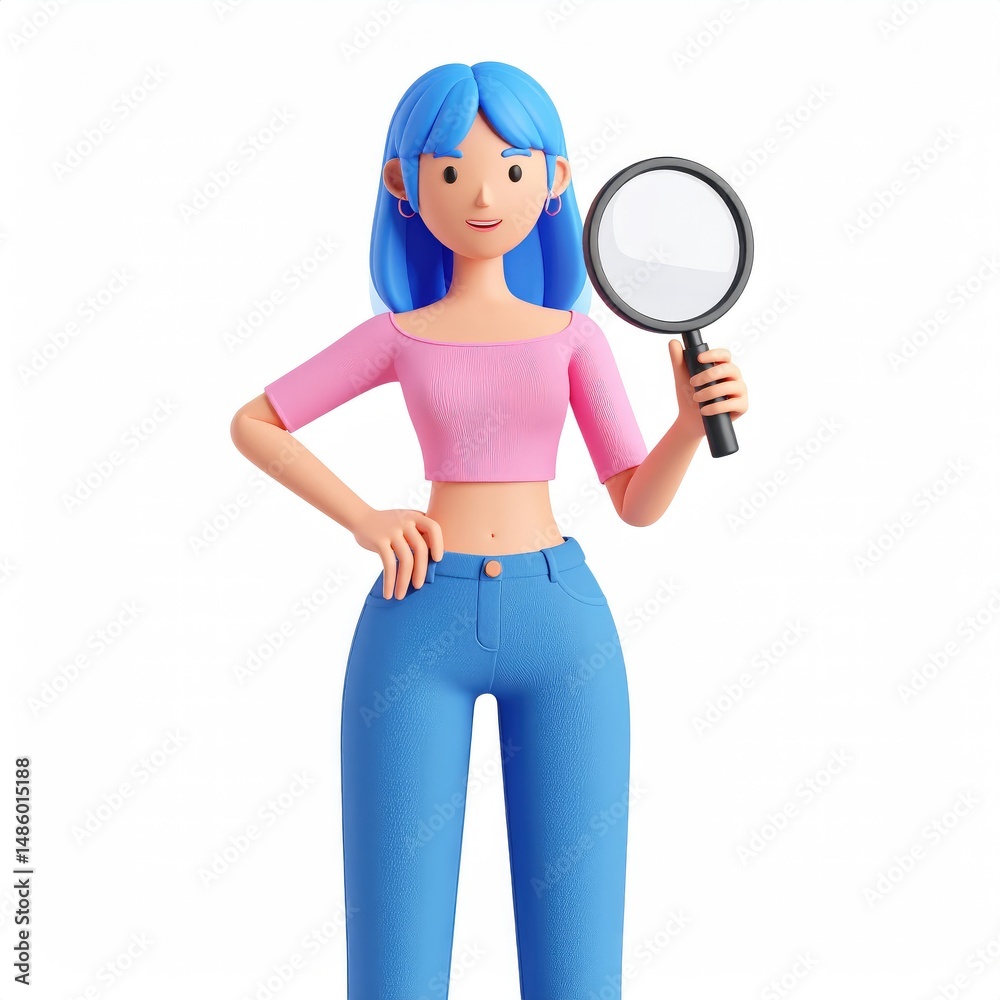 Stylish 3D Girl with Magnifying Glass: A Playful, Vibrant Illustration Stylish 3D Girl with Magnifying Glass: A Playful, Vibrant Illustration