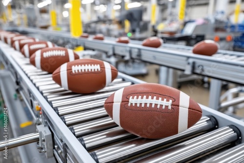 New American footballs on a conveyor belt, in a sporting goods factory, ready for distribution.