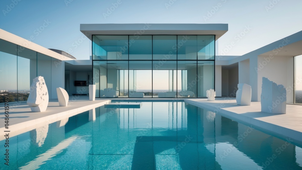 Fototapeta premium Stunning futuristic modern home featuring a beautiful pool surrounded by minimalist architecture and sleek lines, perfect for luxury living and contemporary design enthusiasts