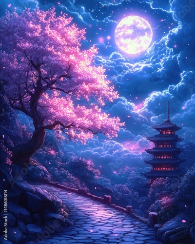 Serene night scene with a glowing full moon illuminating a stone path beside a vibrant pink cherry blossom tree and a traditional multi-tiered pagoda surrounded by lush vegetation and clouds