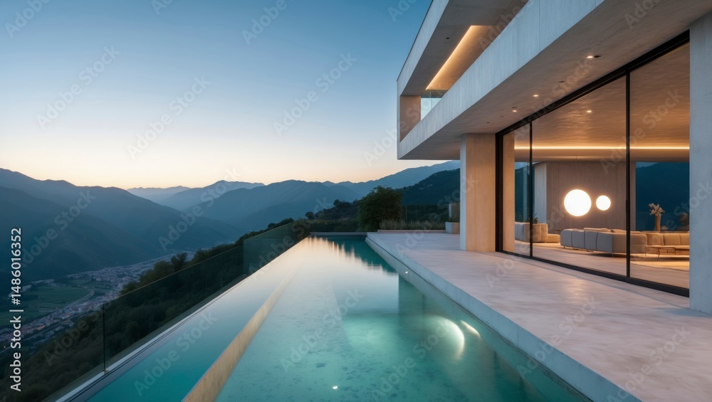 Fototapeta premium Gorgeous swimming pool at a contemporary hillside villa surrounded by scenic views and lush vegetation providing a perfect space for outdoor relaxation and leisure