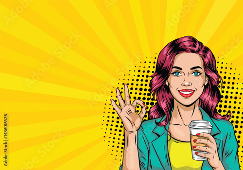 Young woman in pop art style holding coffee and showing OK. On yellow background. Pop art in comics vector style