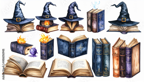 Magical books with witch hats, flames, and mystical elements create enchanting scene. This watercolor illustration captures essence of witchcraft and fantasy, perfect for creative projects