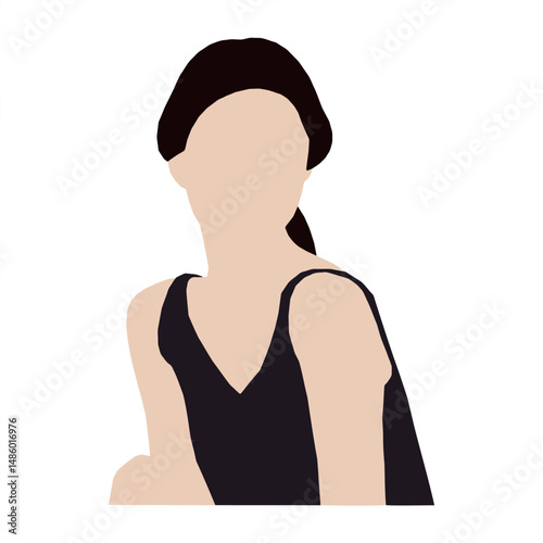 Flat Vector of Woman with Dark Ponytail in Black V-Neck Top, Simple Female Illustration with Solid Colors and Pulled-Back Hair