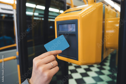 Person tapping a card on a bus fare machine